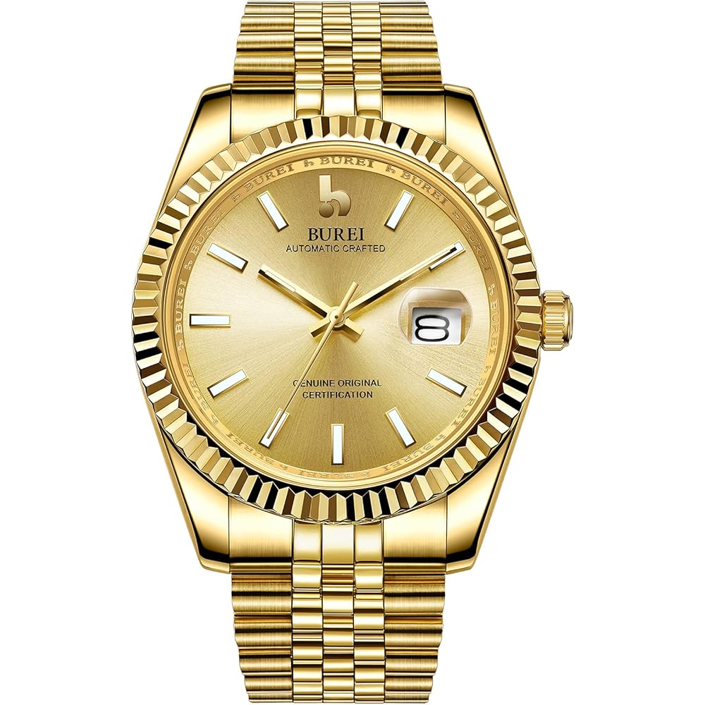 BUREI Men s Automatic Mechanical Watch Waterproof Analog Date Simple Casual Luminous Gold