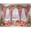 Mocsicka 3D Pink Christmas Room Backdrop Photography Toy Bear Bow Fireplace Scene Curtain Background Girls Holiday Party Photo