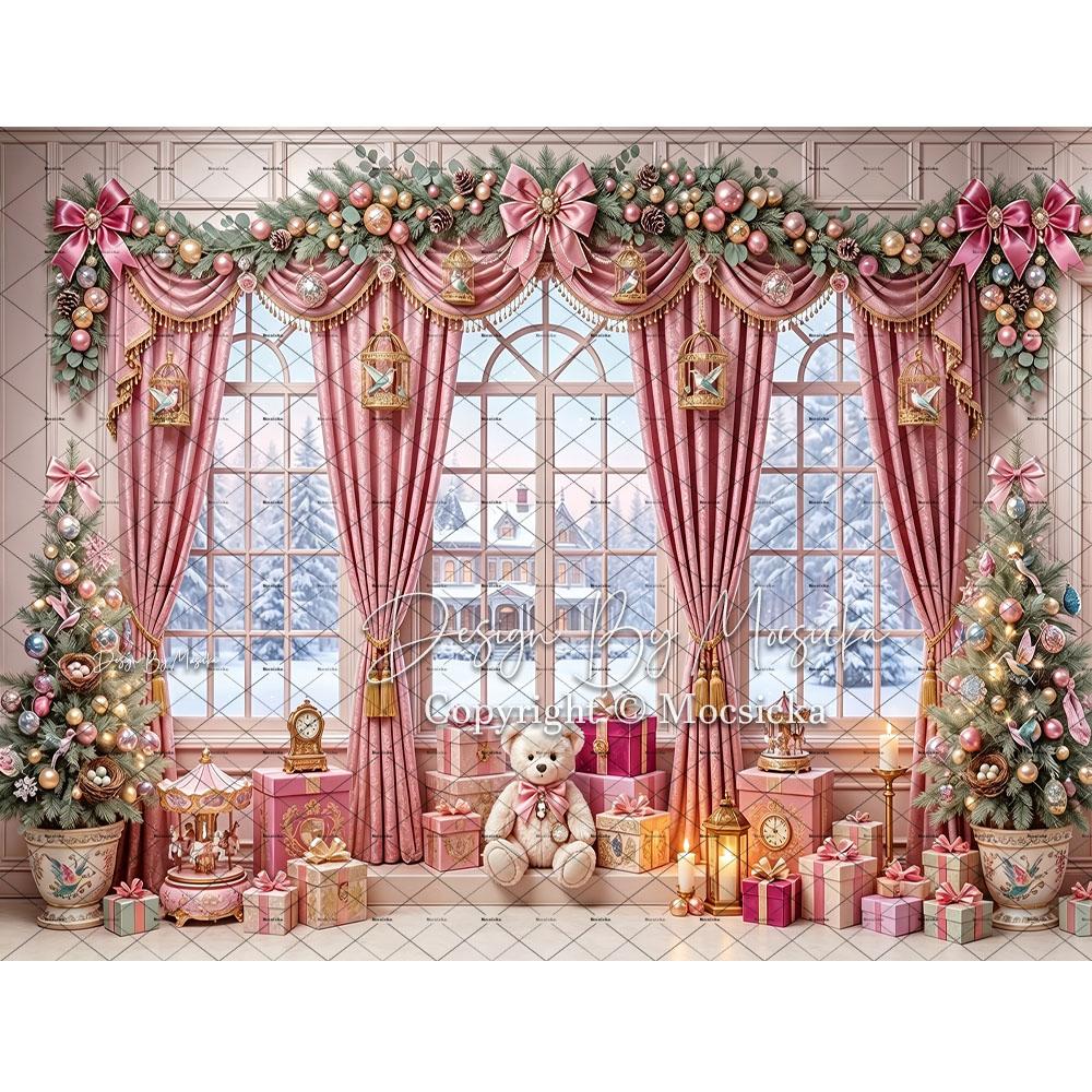 Mocsicka 3D Pink Christmas Room Backdrop Photography Toy Bear Bow Fireplace Scene Curtain Background Girls Holiday Party Photo