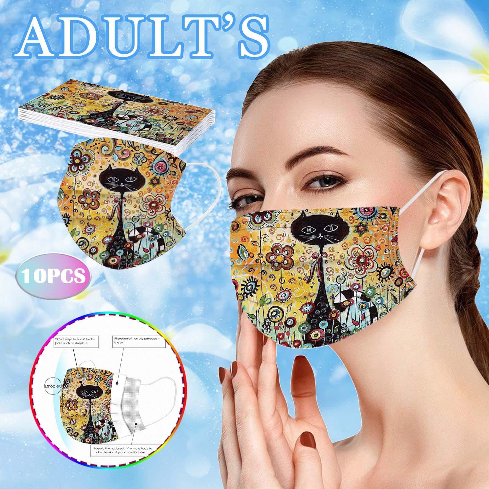 

10PC Adult Flowers Cat Cartoons Printing Three-Layer Disposable Protective Mask