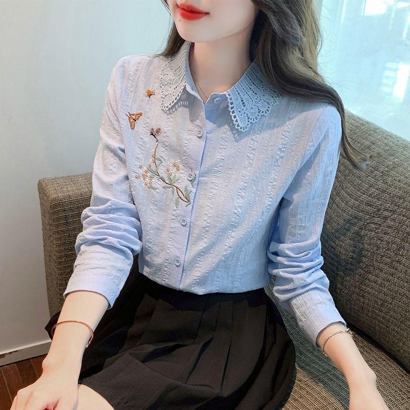 Embroidery Women Spring Summer Blouses Shirts Lady Casual Long Sleeve Turn-down Collar Solid Color Blusas Tops