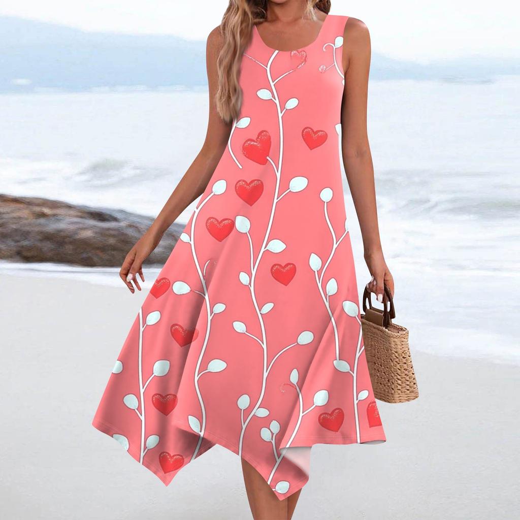 Lässiges, modisches Damen-Midikleid mit Rundhalsausschnitt, ärmellosem Aufdruck und unregelmäßigem Saum