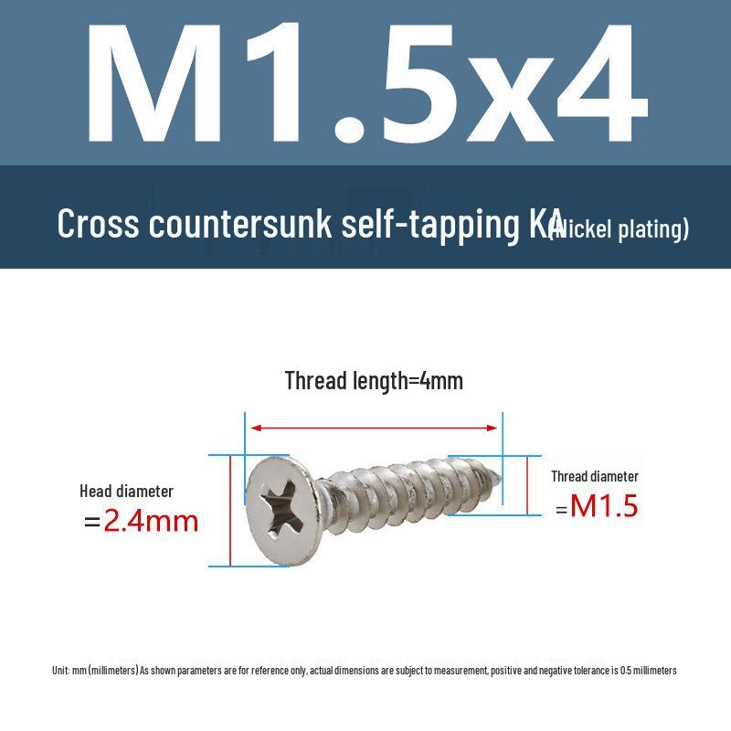 YiguYigu Nickel-Plated Phillips Flat Head Self-Tapping Screws M1-M5, Carbon Steel