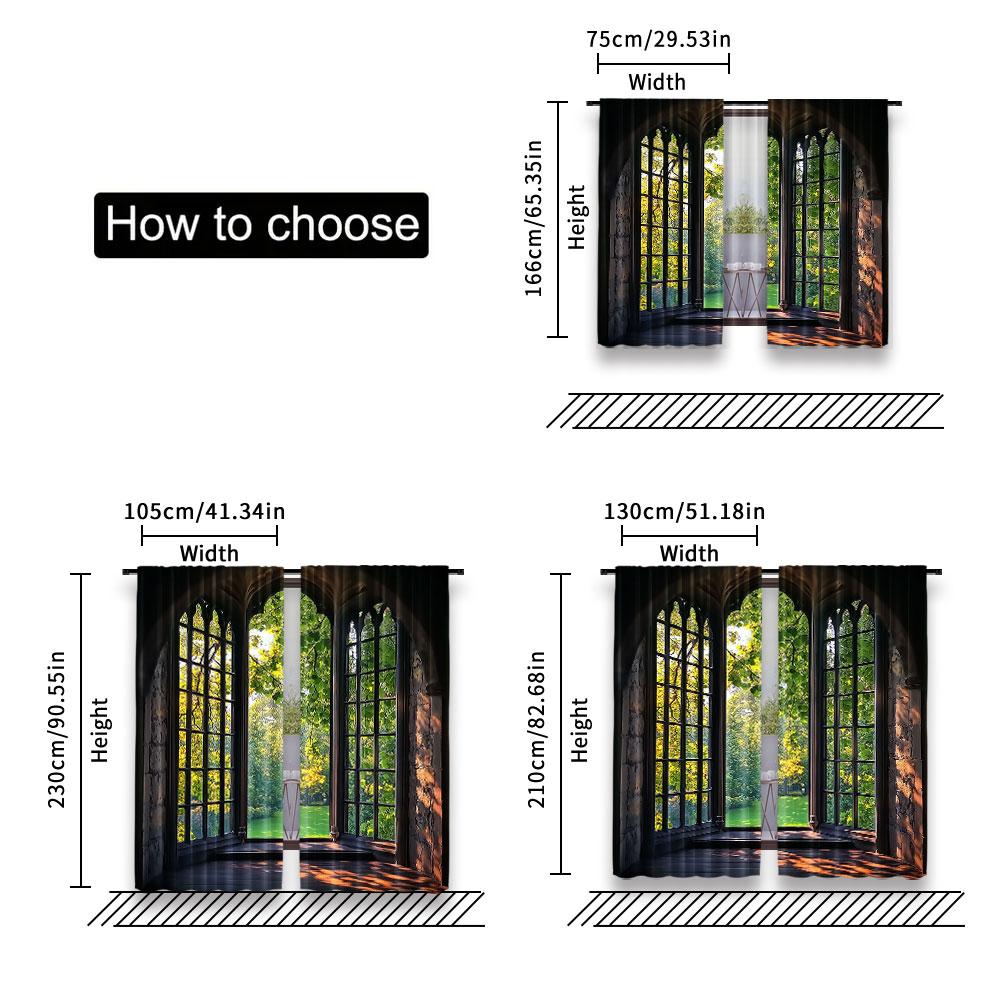 2Pcs French Window Landscape Glass Curtains Natural Green Scenery Outside The Window For Bedroom Bathroom Living Room Dining