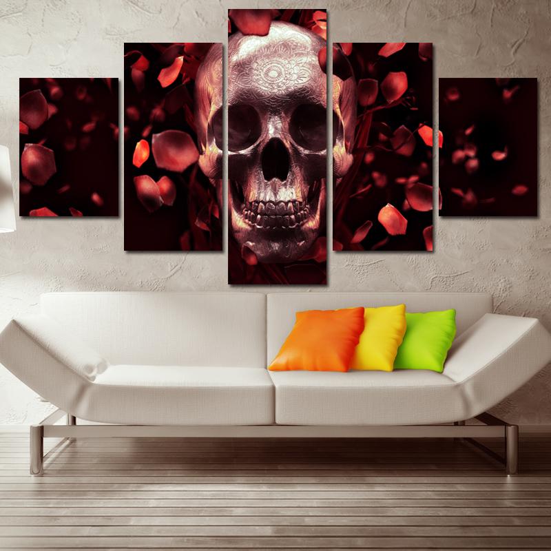 

Картина на холсте, абстрактная темно-красная роза и резной череп, креативный декор для дома, принт на заказ, постер, настенные художественные картины