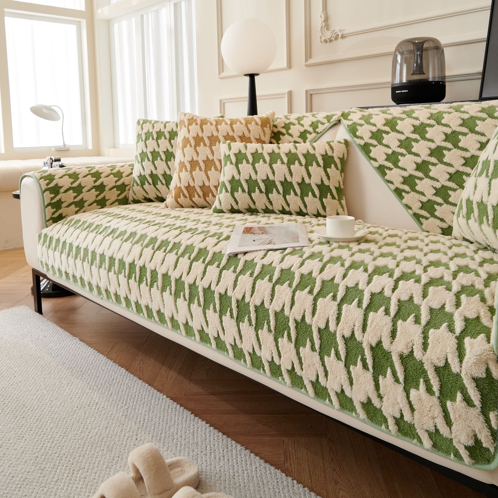 

Qianniao Grid Подушка для дивана Зимняя плюшевая подушка для сиденья Высококачественный противоскользящий чехол для дивана 70x70cm зелёный