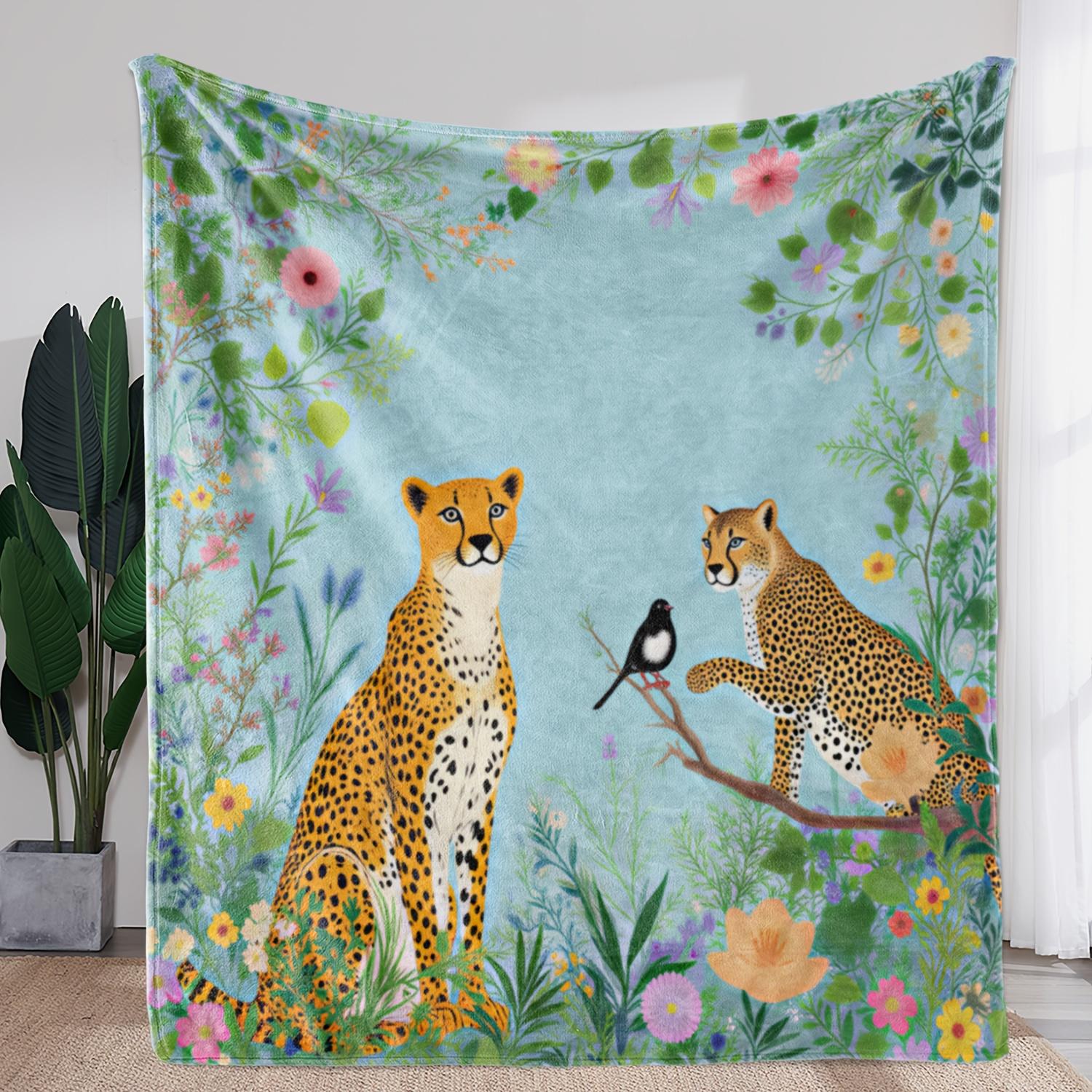 

1pc Vintage Cheetah & Bird Floral Print Flannel Blanket - Soft Warm All-Season Throw for Sofa, Bed, Car, Office, Camping & Trave 130x150cm