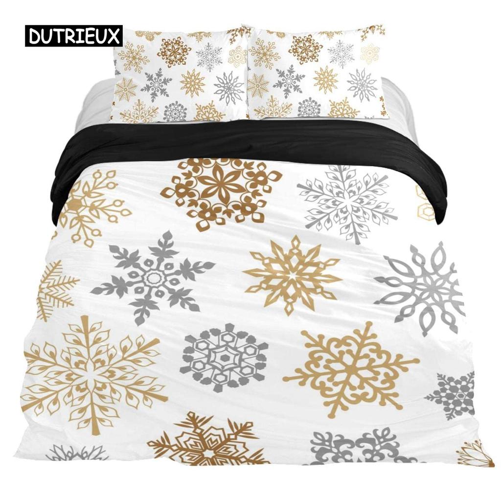 Snowflake Duvet Cover Set Winter Theme Christmas Illustration Cold Weather Season Twin Bedding Set King Size Soft Quilt Cover