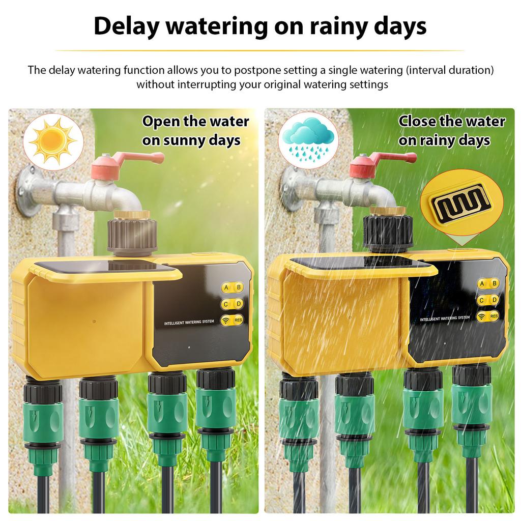 Solar Sprinkler Timer , 4 Zone Programmable Garden Hose Water Timer with Rain Delay, Automatic Irrigation Controller for Lawn Yard Patio Outdoor Plant