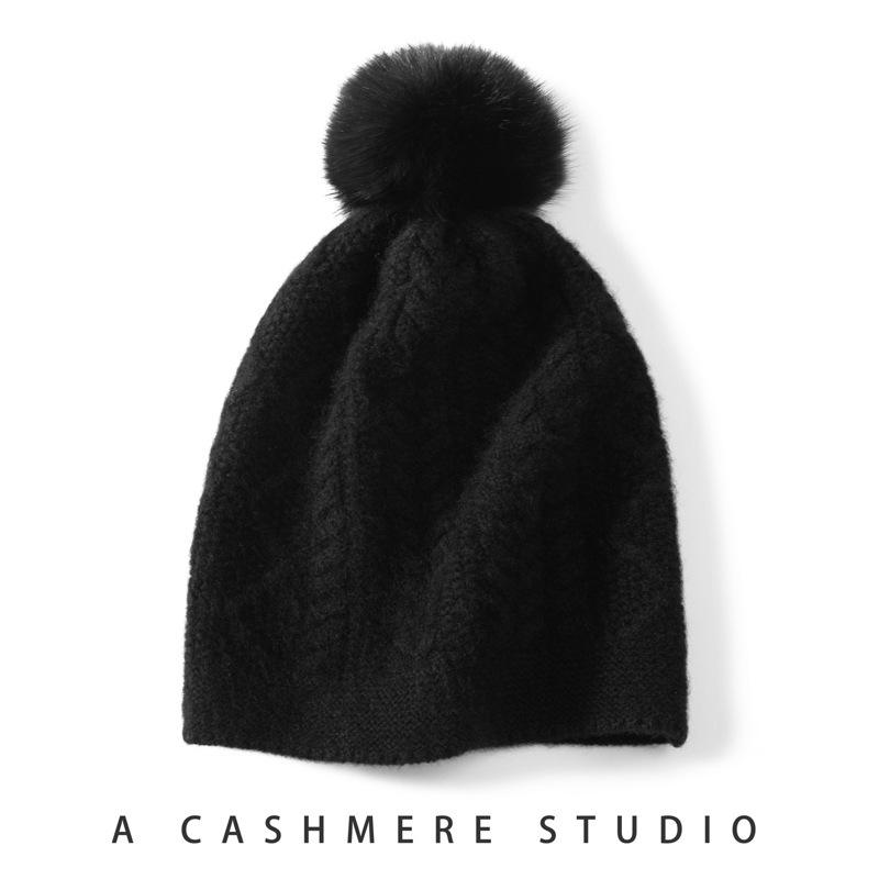 Women's 100% Pure Cashmere Cable Knit Hat with Pom-Pom, Ear Protection, Retro Style, Autumn/Winter