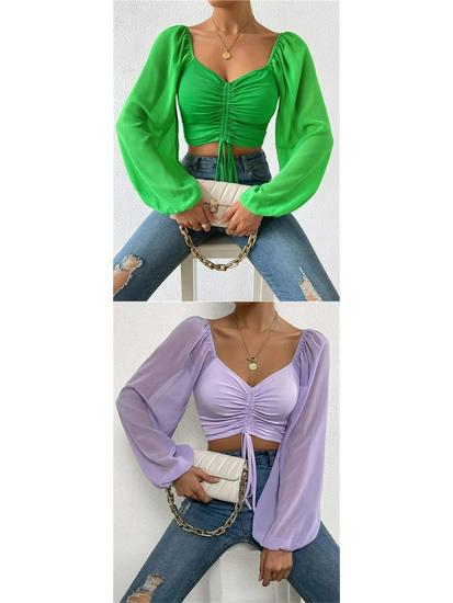 Summer V-Neck Chiffon Lantern Sleeve Drawstring Top