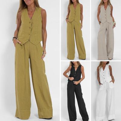 Women Suit Women Suit Set Women's Cotton Linen Wide Leg Suit Set Sleeveless Vest Long Pants Outfit for Office