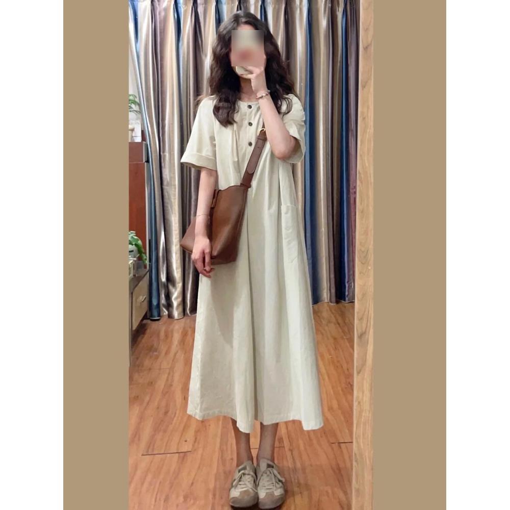 Women's summer new literary and retro Japanese long dress loose casual and thin short-sleeved dress small lazy style