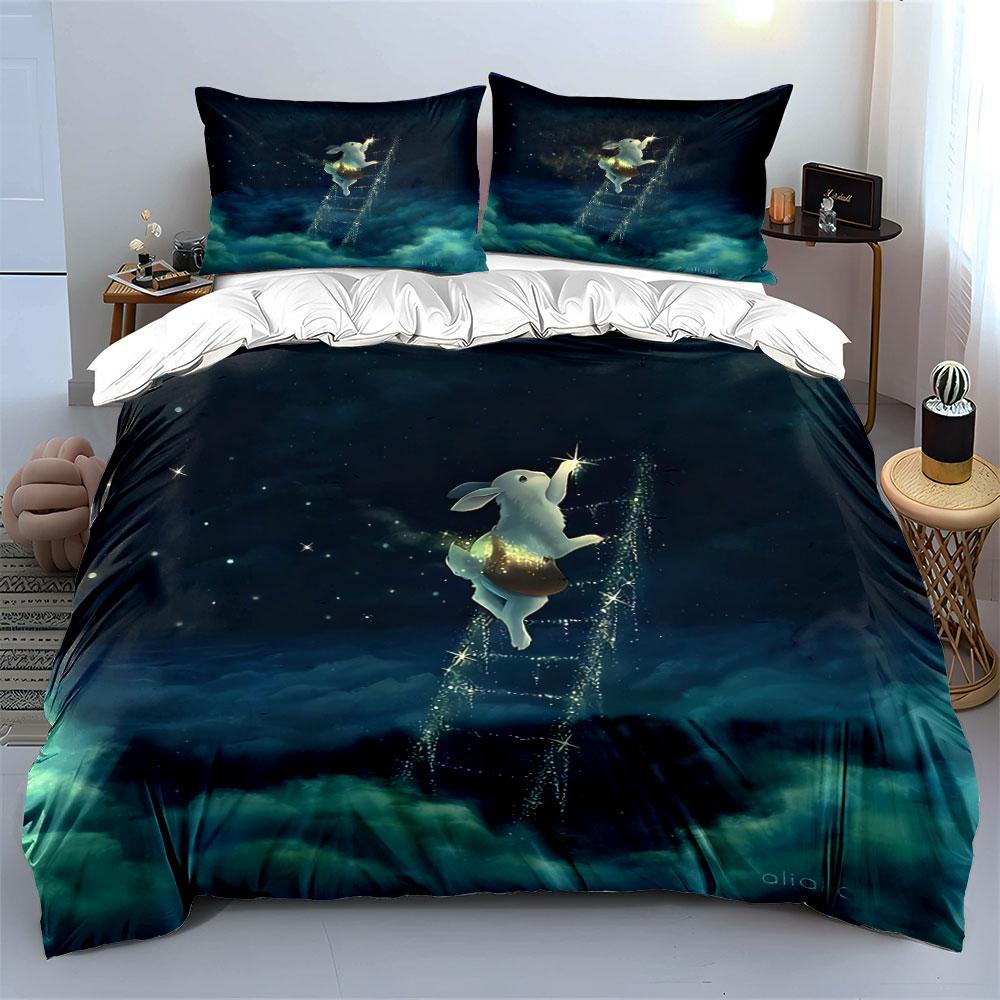 Starry Night Rabbit Decor Set Soft Comfortable Duvet Cover Bedding Set Included 1*Duvet Cover & 2*Pillowcases, Gift