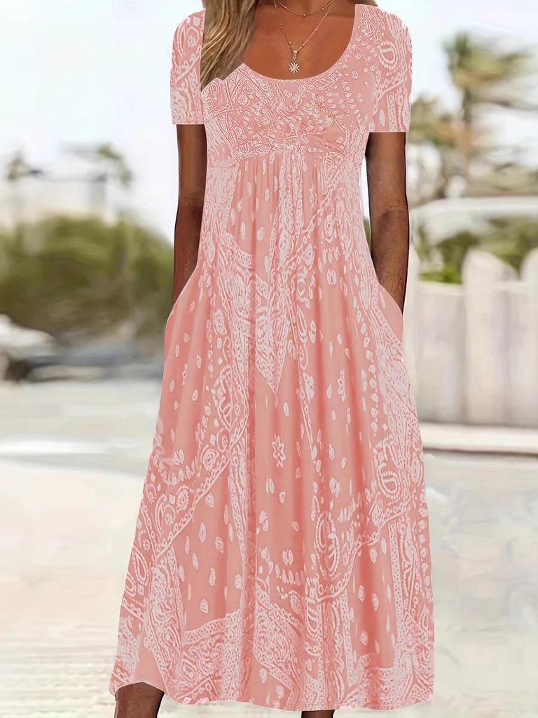Sommer 2026 Boho-Stil Übergröße Bedrucktes Kleid mit Taschen für Damen
