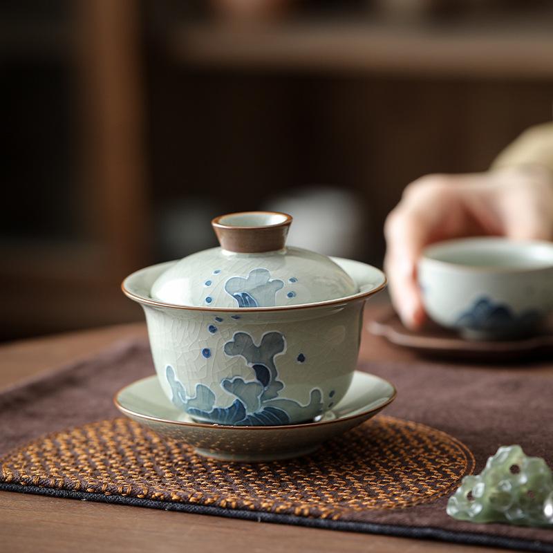 Stacking Carving Ge Kiln Hand-Painted Distant Mountain Cover Bowl Hovering Retro Three Talents Cover Bowl Teacup Is Not Hot, Kung Fu Tea Bowl Tea Cup