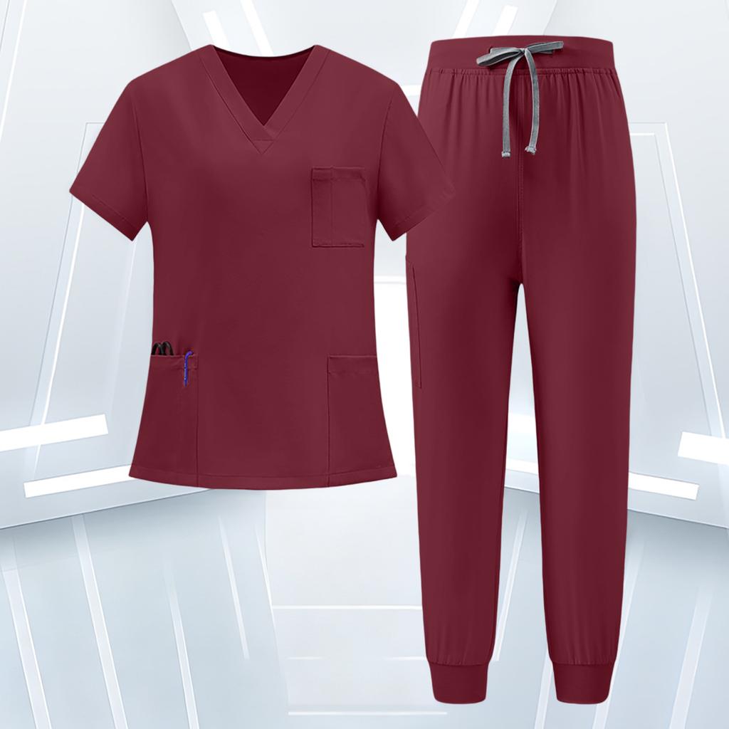 Women's Uniform Scrub Set - Quick-Dry V-Neck Short Sleeve Top with Pockets and Long Pants, Color