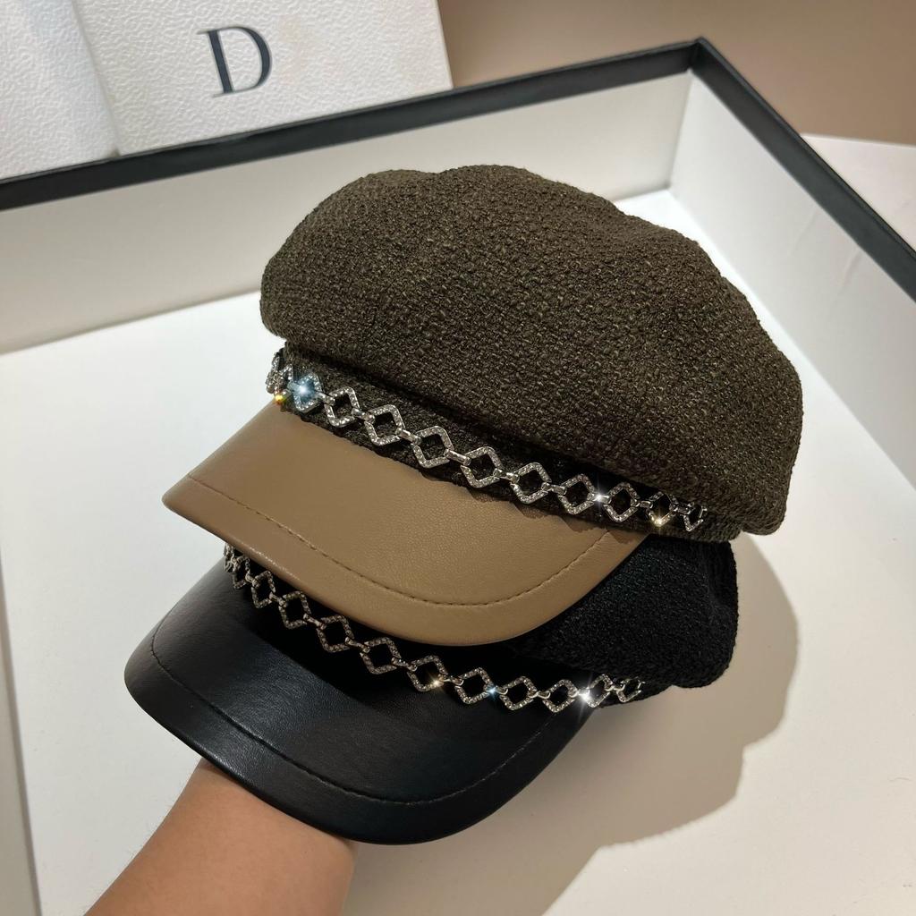 Spring And Autumn Small Fragrant Wind Coarse Tweed Light Luxury Rhinestone Strip Octagonal Hat European Old Money Wind High Quality Duck Tongue Beret