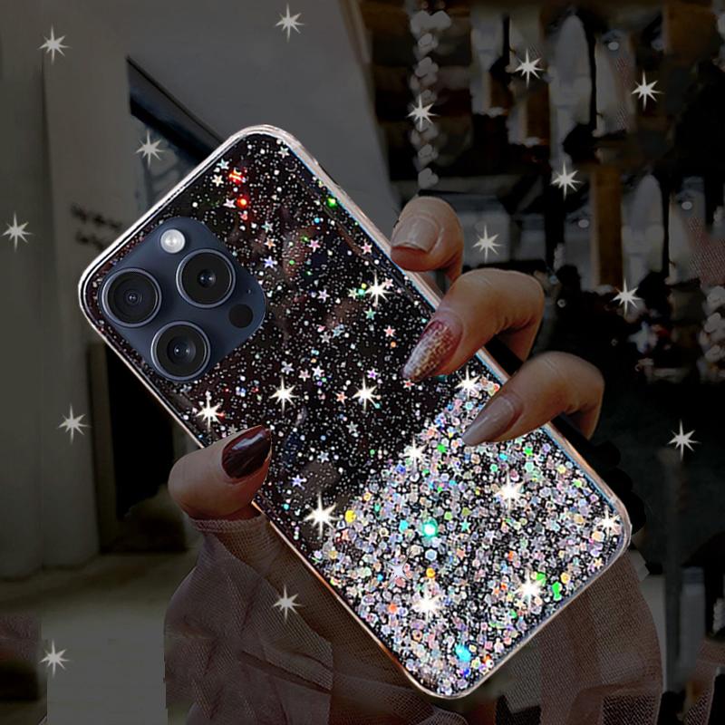 

Мягкий чехол для телефона с блестящим градиентом и небесным блеском для iPhone 15 14 13 12 11 Pro Max X XR XS Max 7 8 Plus, противоударный прозрачный чехол из ТПУ For iPhone 15 чёрный