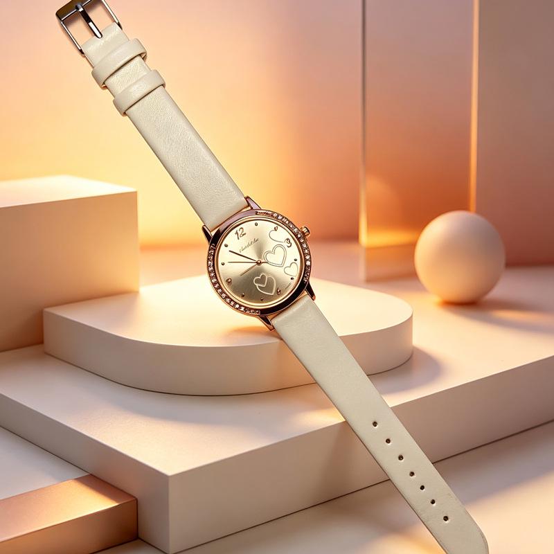 Rhinestone Heart Women's Watch Leather Strap Quartz Fashion Minimalist Wristwatch