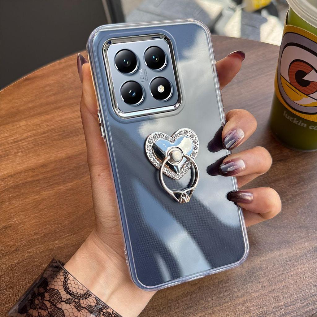Luxury Bling Rhinestone Heart Ring Bracket Clear Phone Case for Xiaomi 15T,14T Pro Stand Cover