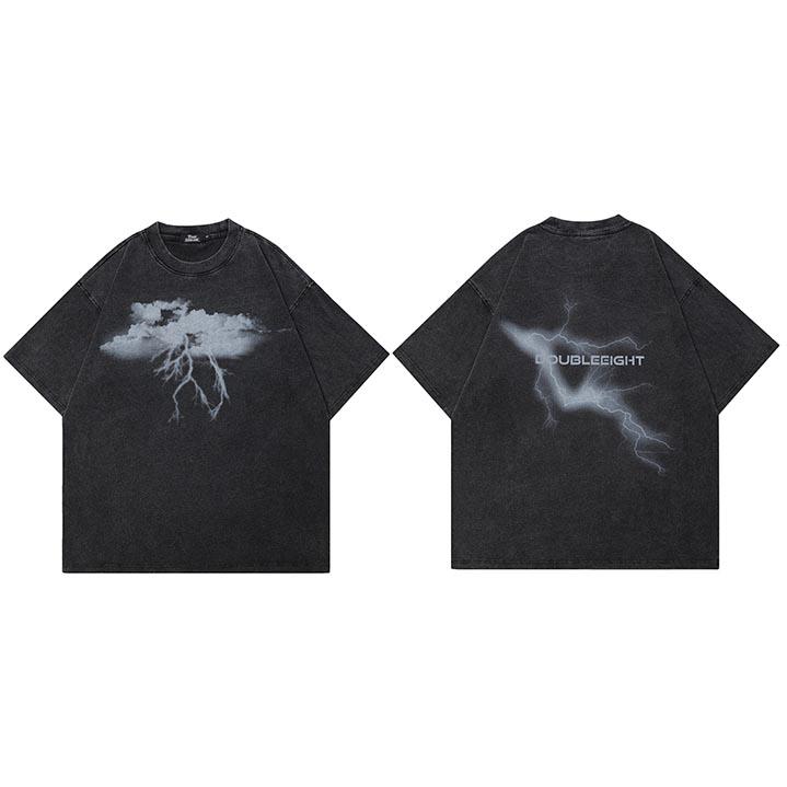 

Hip Hop Streetwear Men TShirt Oversized Thunder Lightning Graphic T Shirt Retro Washed Black Tshirt Cotton Unisex Tops Tee S