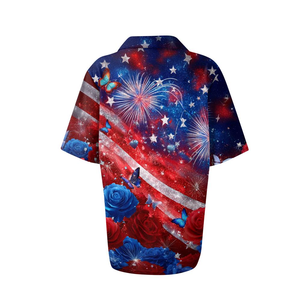 Women’s Short Sleeve Button Down Shirt with Star and Stripe Print Casual Loose Fit Blouse Lightweight Summer Top for Everyday Wear