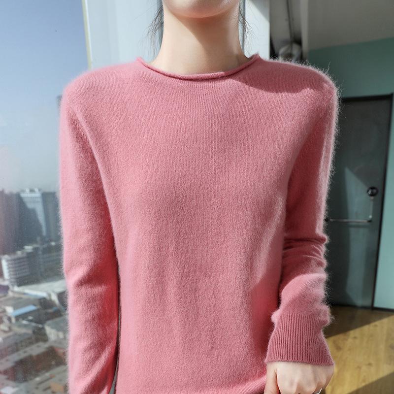 2025 Women's Mink Cashmere Sweater: Semi-High Neck, Rolled Edge Knitted Pullover for Spring & Autumn