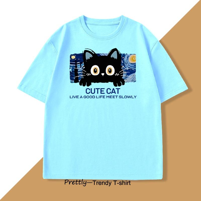 Cute Cat T Shirt Casual Cotton Short Sleeve Round Neck Tshirt Men Women Loose O Neck Male Tee Shirt Oversized Tee Shirt Street