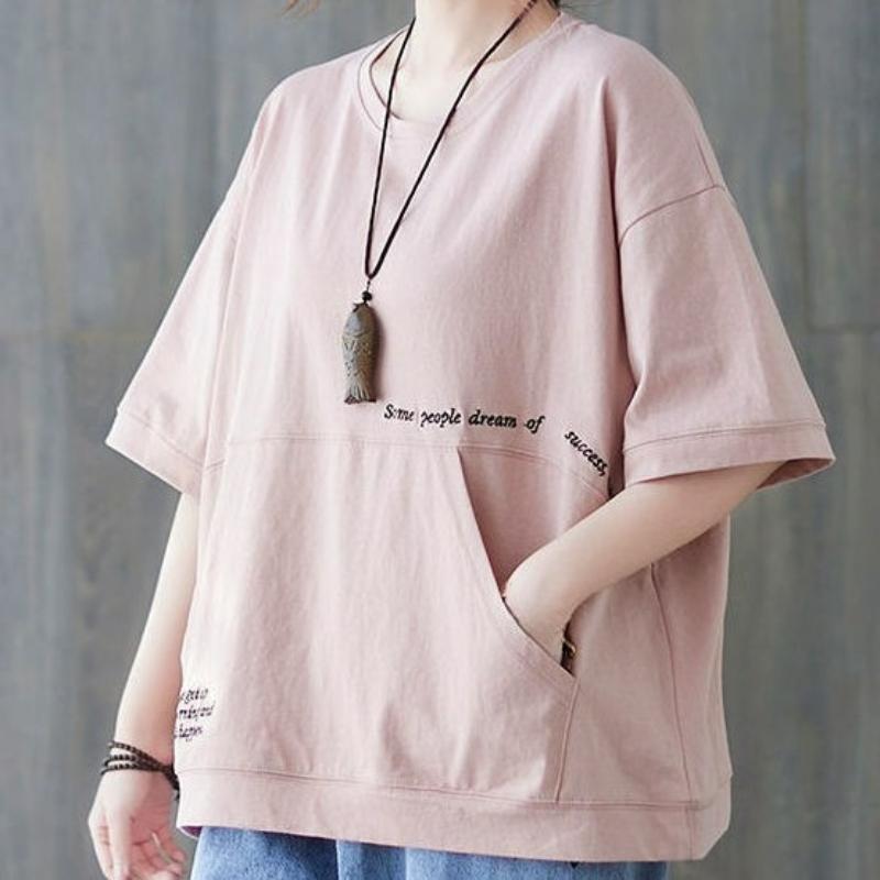 Pure Cotton Pocket Short-sleeved Blouse, Loose Covering Meat, Large Size, Simple Western Style Design, Pullover Women's Summer T-shirt