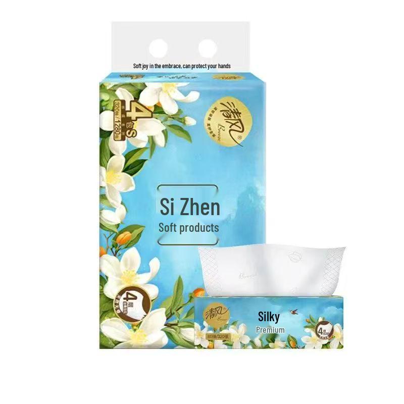 Qingfeng Silk Soft Premium 4-Ply Facial Tissue, 80 Sheets Per Pack, 4-Pack Bundle 80 sheets, 4 packs