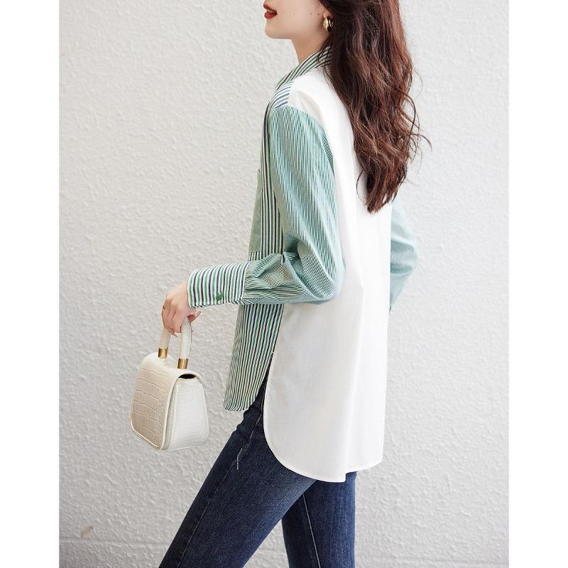 Women Patchwork Vertical Striped Loose Long Sleeve Shirt