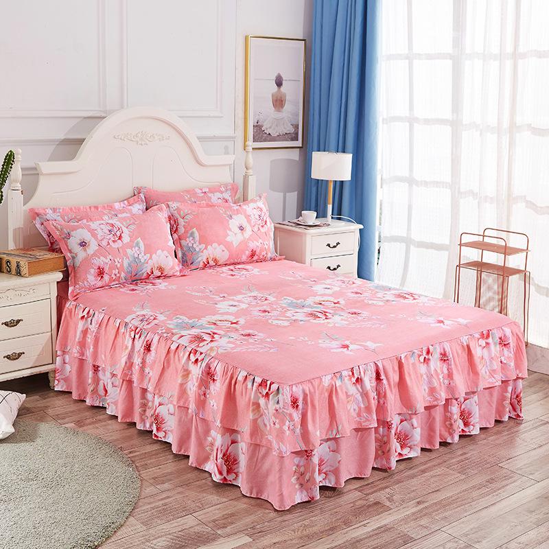 3-teiliges Bettwäsche-Set Bettrock-Set(1x Bettlaken + 2 Kissenbezüge) Matratzen Anti-Rutsch Schutzbezug Haushaltsbettwäsche Doppellagiger Volant Staubdichte Bettbezüge