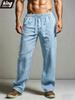 Pantaloni da uomo in misto lino e cotone — Vita con coulisse regolabile, Gamba dritta ampia, Morbidi, Traspiranti, Casual estivi, Neri