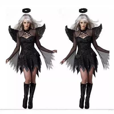 Αποκριάτικη στολή cosplay, δαιμονική μεταμφίεση, μάγισσα, μαύρος άγγελος, φόρεμα θεάς με φτερά, γυναικείο μαύρο φόρεμα