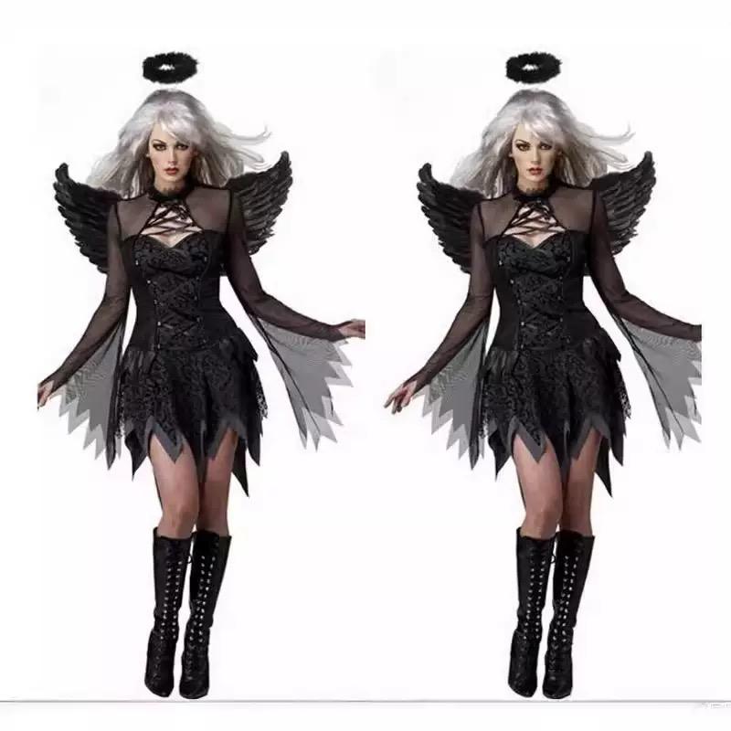 Halloween cosplay costume, demon role-playing, witch, black angel, winged goddess dress, female black dress