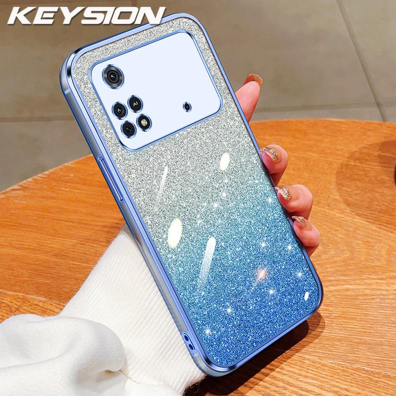KEYSION Luxury Plating Glitter Phone Case for Xiaomi POCO M4 Pro 4G 5G Transparent Soft TPU Shockproof Back Cover for POCO M4 Pro 5G