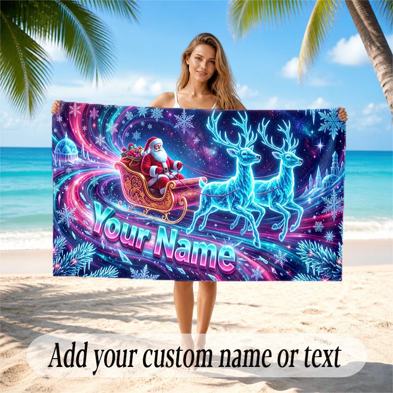 Christmas Theme Quick Dry Beach Towel Custom Name Text Print Large Sand Resistant Towel Beach Vacation