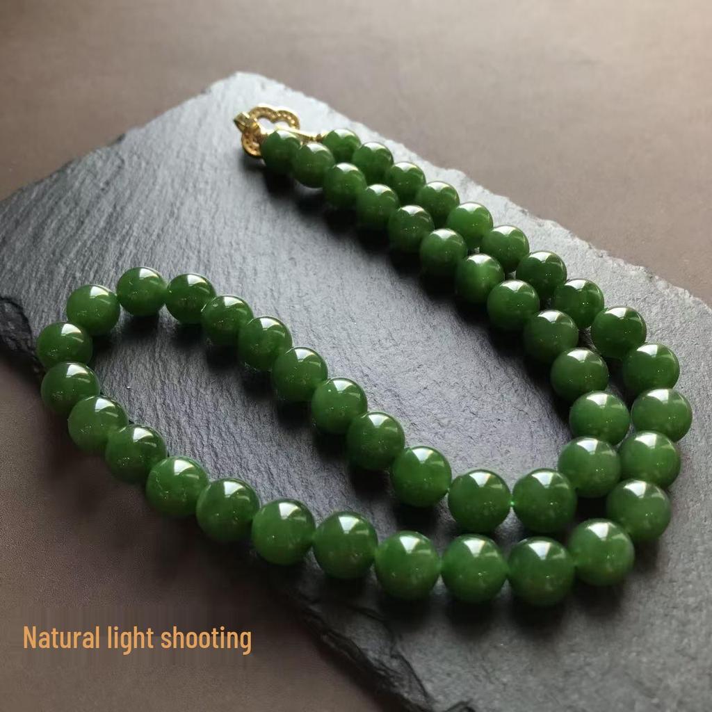 Eleventh National Day Mid-Autumn Hetian Jade Necklace - Spinach Green, 10mm beads, Mother Chain - Warm, Classical Collection