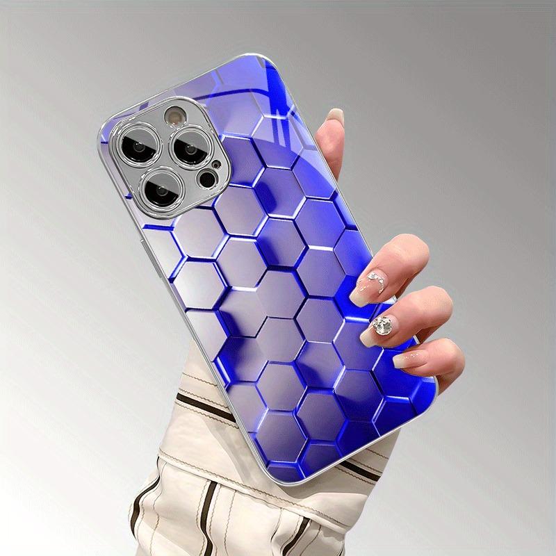 Abstract Blue Light Neon Honeycomb Pattern Electroplated Glass Case For iPhone 17 16 15 14 13 12 Pro Max Plus 16E 17 Air Cover