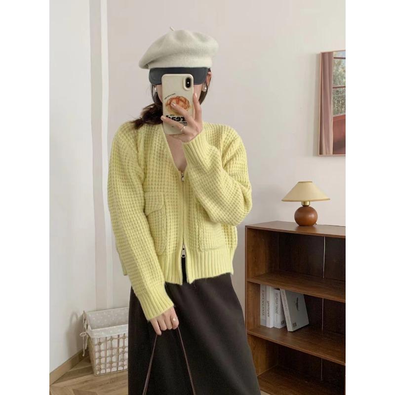 Short Waffle Double Zipper Knitted Cardigan Women's Autumn and Winter New Loose Versatile Sweater Jacket Tide