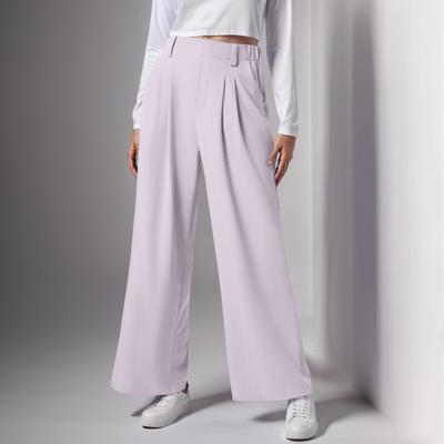Calça casual feminina de cintura alta com bolso lateral plissado e perna larga