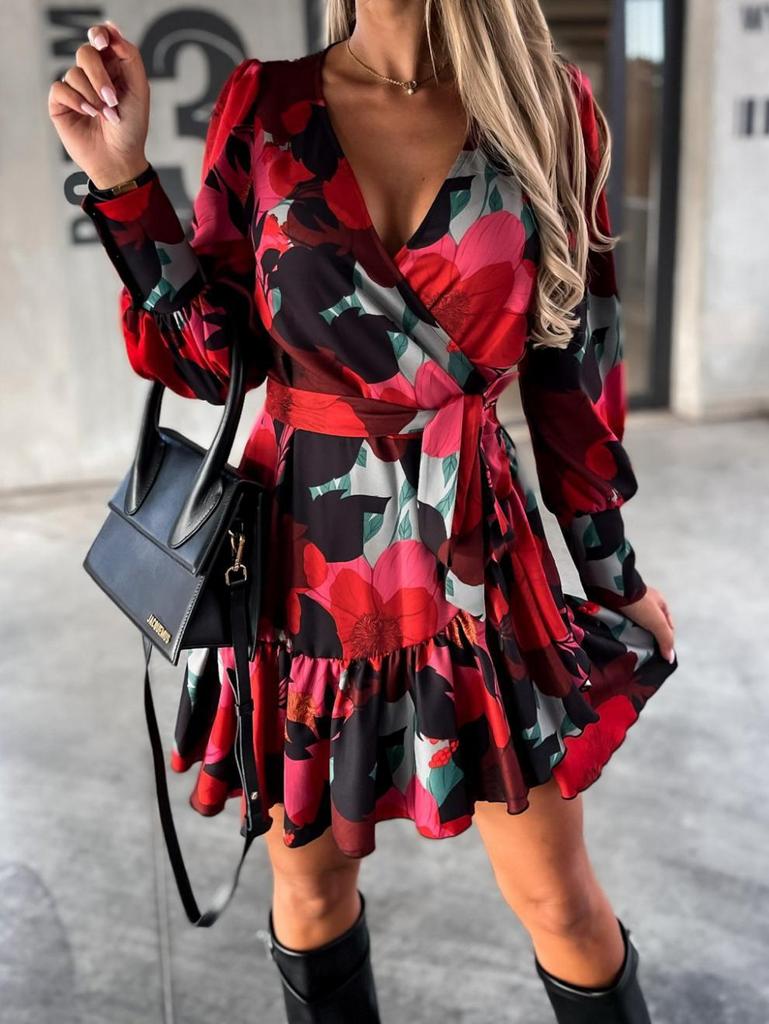 European & American Long Sleeve Printed Tie-Waist Shirt Dress