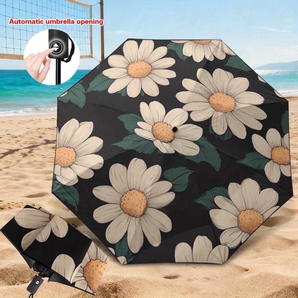 1pc Vintage Daisy Bloom Automatic Umbrella, Automatic Open/Close, 8-Rib Sturdy Frame, Compact Folding Umbrella with White & Bl (as the picture,Iron&8K)