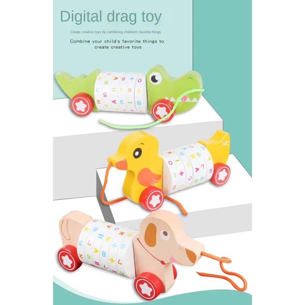 Wooden Animal Push Down Car Pull Rope Car Towing Toys Push and Go Baby Girl Walker Duck Puppy for Kids Early Education Toddler