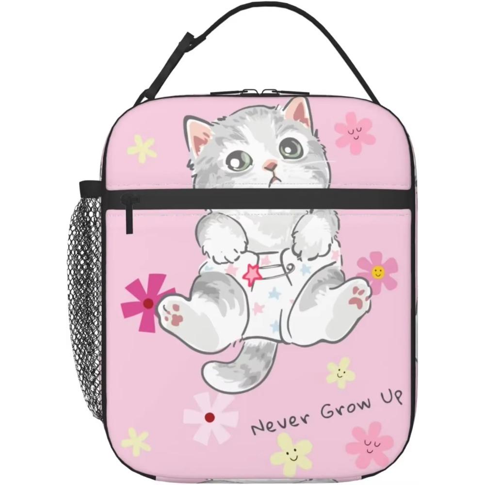 Cute Cat Pink Lunch Bag Reusable Double Leakproof Insulated Lunch Box Cooler Thermal Tote Bag for Work Picnic Travel Camping