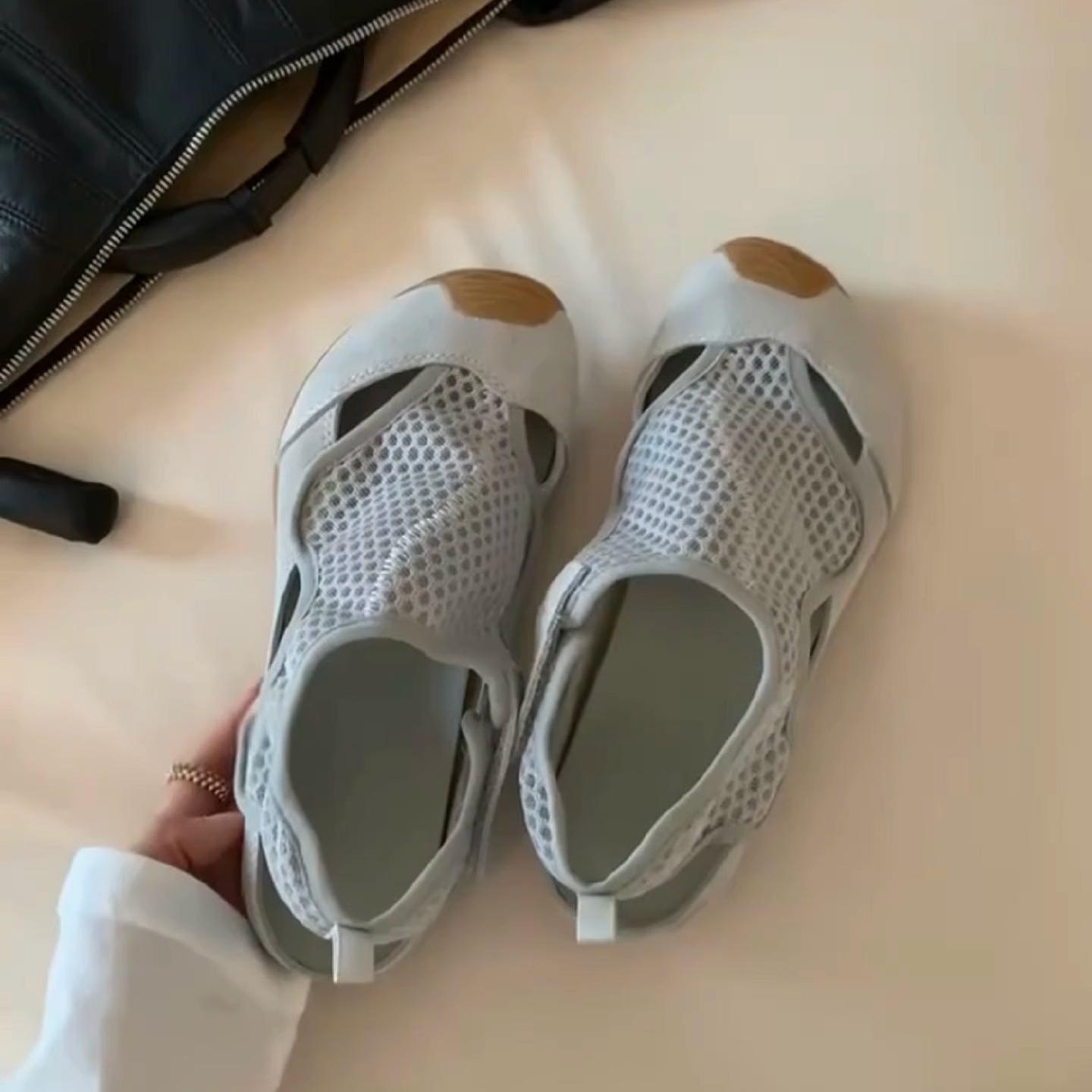 

Версия из коровьей кожи~ Ленивые однопедальные сандалии на липучке, сетчатые полые дышащие одинарные туфли, повседневная спортивная обувь, сандалии с закрытым носком, женские 40 грязно-белый