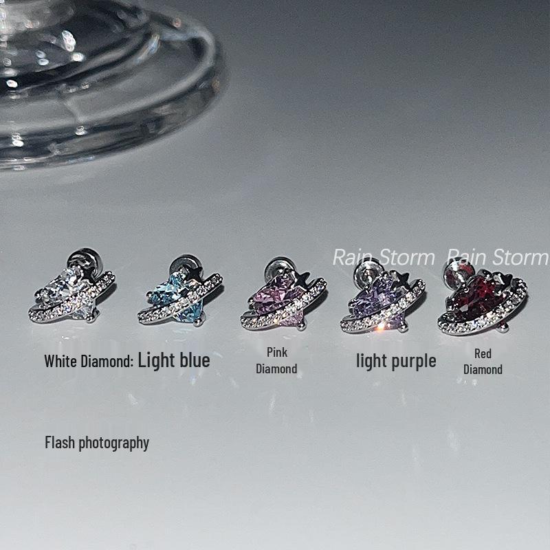 

Super Shiny Zirconia-Encircled Titanium Steel Heart Ear Stud - Small Niche Design for Cool, Sweet Style Single White Zircon Saturn