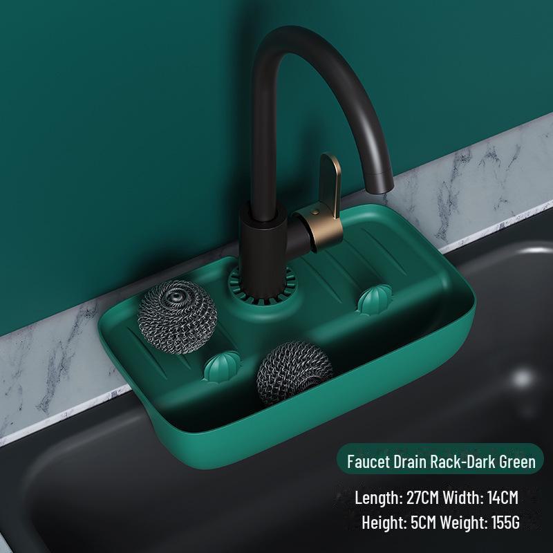 Sink Faucet Splash-Proof Drain Rack: Non-Slip Countertop Pad and Sponge Storage.