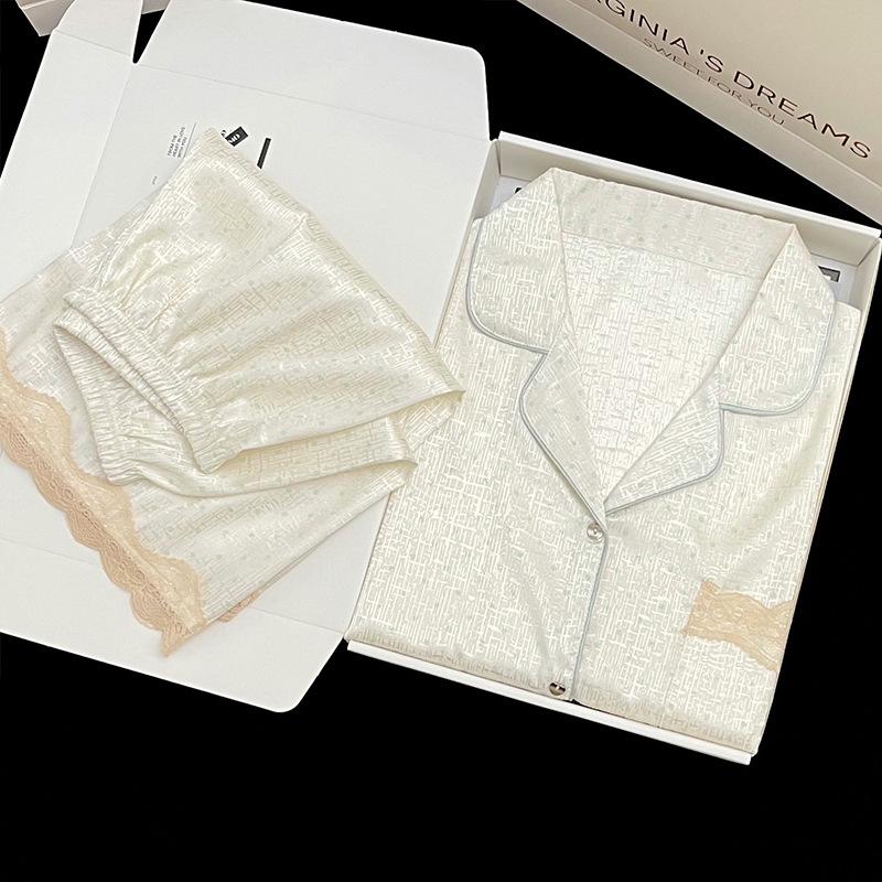 Striped High-End Thousand Bird Grid Pajamas, Women Can Wear Imitation Silk Short-Sleeved Two-Piece Loungewear 2XL